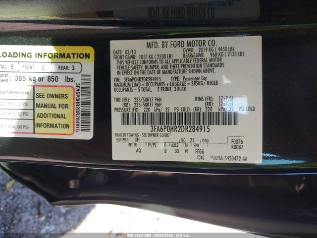 Продажа на аукционе авто 2013 Ford Fusion Se, vin: 3FA6P0HR2DR284915, номер лота: 46051469