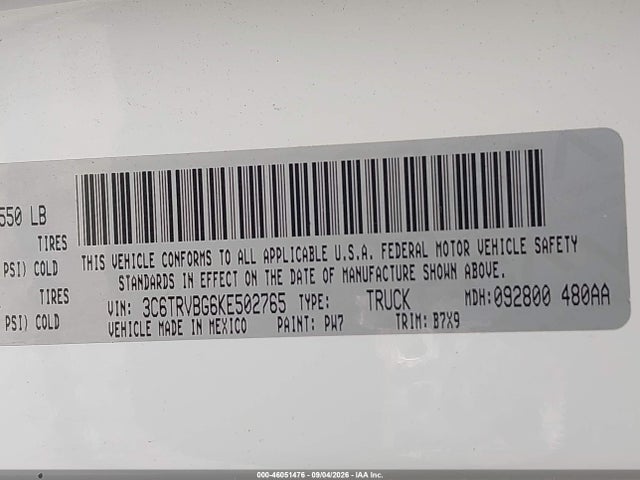 46051476 :رقم المزاد ، 3C6TRVBG6KE502765 vin ، 2019 Ram Promaster 1500 High Roof 136 Wb مزاد بيع