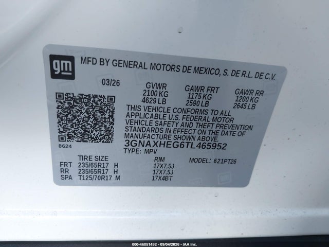 Aukcja sprzedaży 2026 Chevrolet Equinox Fwd Lt, vin: 3GNAXHEG6TL465952, numer aukcji: 46051492