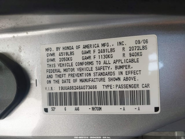 Aukcja sprzedaży 2006 Acura Tl, vin: 19UUA66246A073466, numer aukcji: 46051514