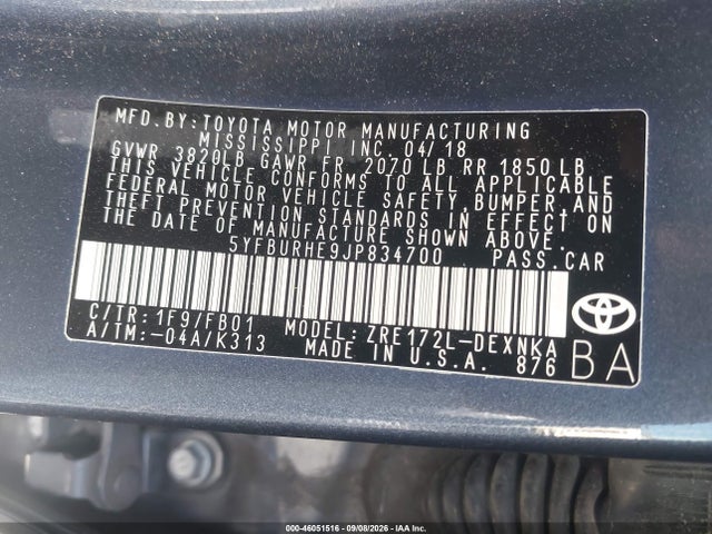 46051516 :رقم المزاد ، 5YFBURHE9JP834700 vin ، 2018 Toyota Corolla Le مزاد بيع
