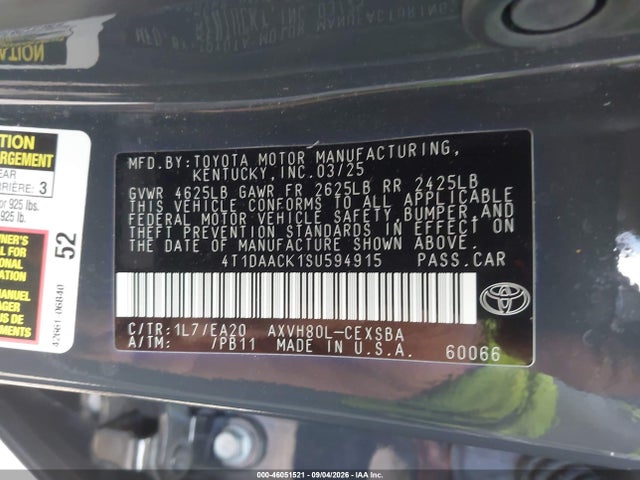 46051521 :رقم المزاد ، 4T1DAACK1SU594915 vin ، 2025 Toyota Camry Se مزاد بيع