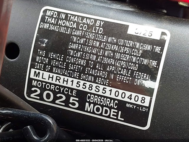 MLHRH1558S5100408 Honda CBR650 R