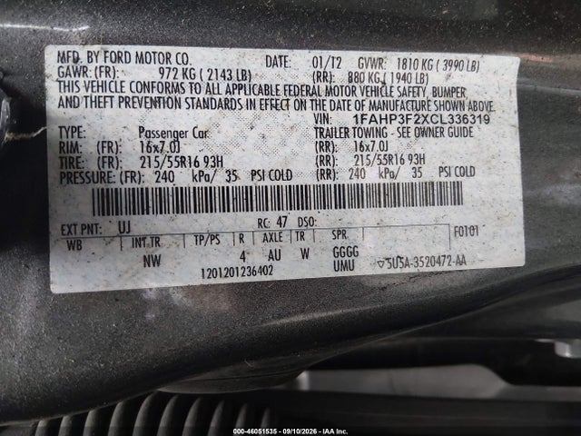46051535 :رقم المزاد ، 1FAHP3F2XCL336319 vin ، 2012 Ford Focus Se مزاد بيع