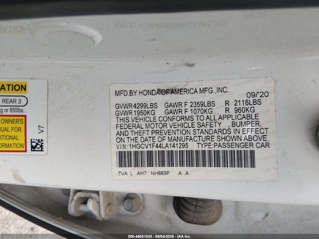 Продаж на аукціоні авто 2020 Honda Accord Ex, vin: 1HGCV1F44LA141295, номер лоту: 46051538
