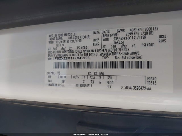 46051547 :رقم المزاد ، 1FBZX2ZM1JKB42923 vin ، 2018 Ford Transit-350 Xl مزاد بيع