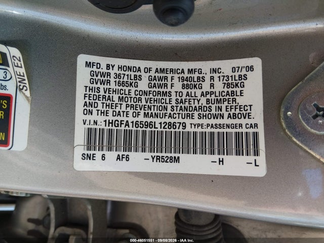 Продажа на аукционе авто 2006 Honda Civic Lx, vin: 1HGFA16596L128679, номер лота: 46051551