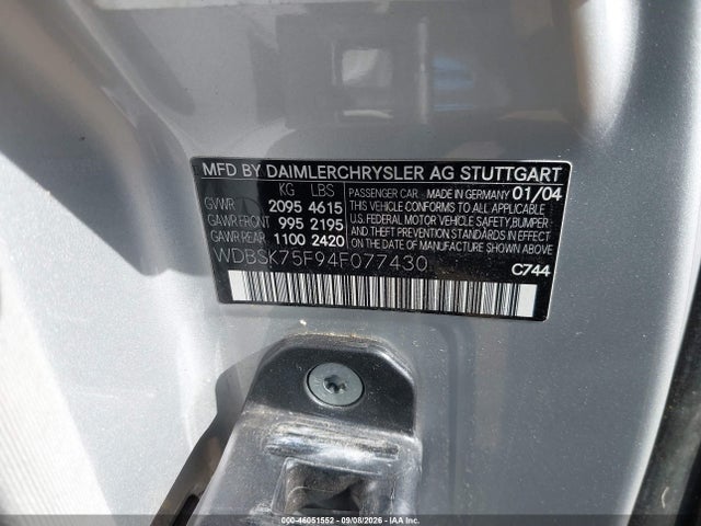 Продаж на аукціоні авто 2004 Mercedes-benz Sl 500, vin: WDBSK75F94F077430, номер лоту: 46051552