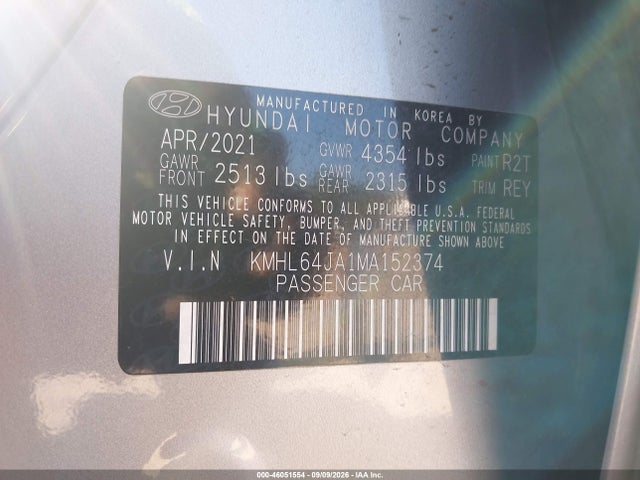 Aukcja sprzedaży 2021 Hyundai Sonata Sel, vin: KMHL64JA1MA152374, numer aukcji: 46051554