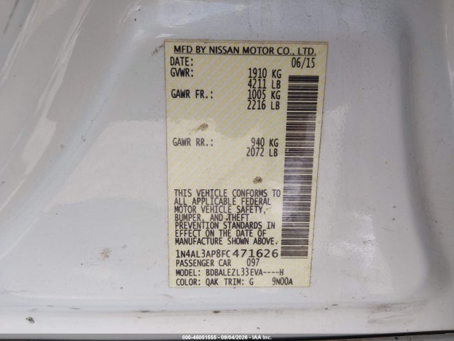 Nissan Altima 2.5 S 2015 1N4AL3AP8FC471626 Image 9