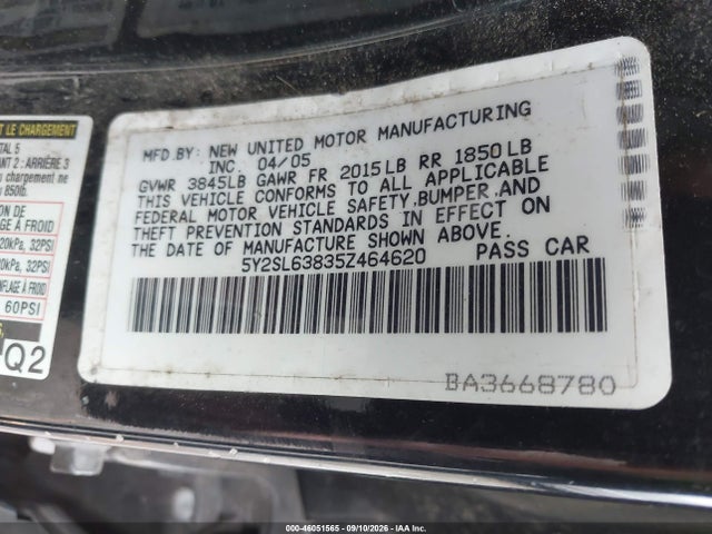 46051565 :رقم المزاد ، 5Y2SL63835Z464620 vin ، 2005 Pontiac Vibe مزاد بيع