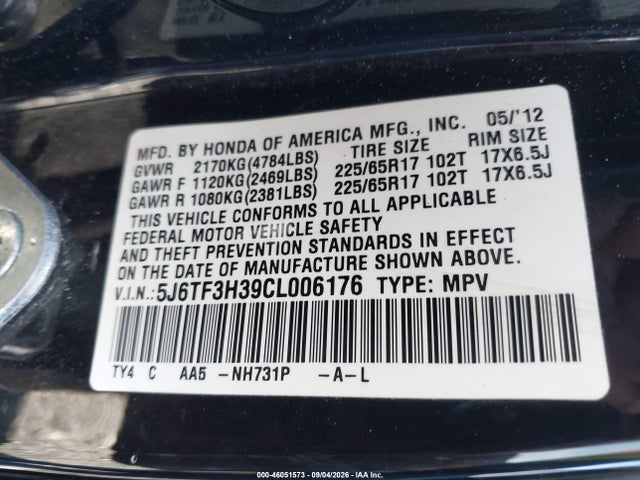 46051573 :رقم المزاد ، 5J6TF3H39CL006176 vin ، 2012 Honda Crosstour 2.4 Ex مزاد بيع