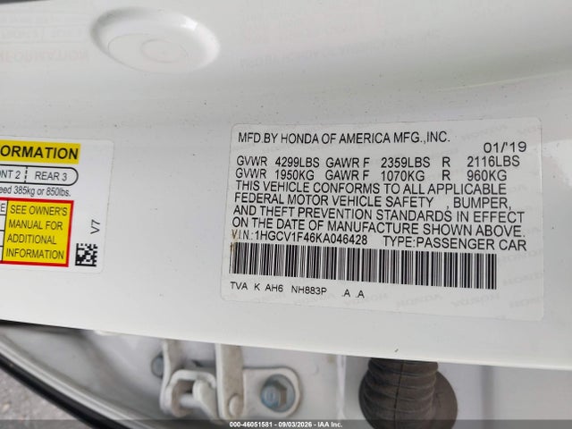 Honda ACCORD EX 2019 1HGCV1F46KA046428 Image 9