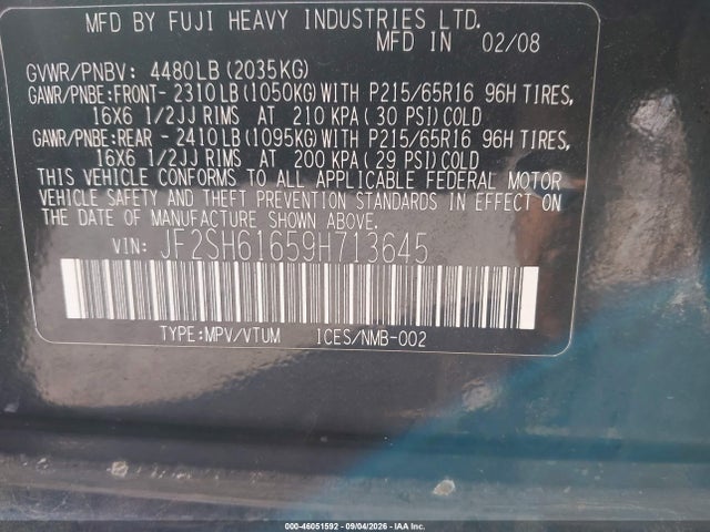 Продажа на аукционе авто 2009 Subaru Forester 2.5x, vin: JF2SH61659H713645, номер лота: 46051592