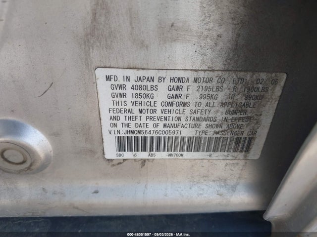 Продаж на аукціоні авто 2006 Honda Accord 2.4 Lx, vin: JHMCM56476C005971, номер лоту: 46051597