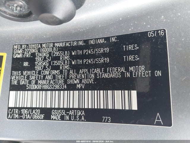 5TDDKRFH8GS298334 Toyota Highlander Limited V6