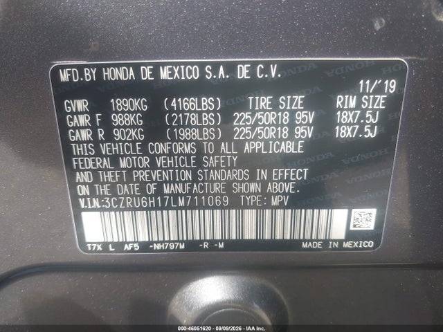 46051620 :رقم المزاد ، 3CZRU6H17LM711069 vin ، 2020 Honda Hr-v Awd Sport مزاد بيع