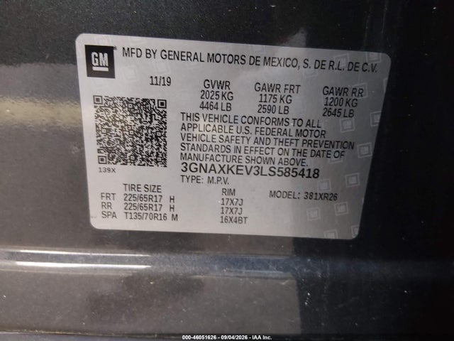 Продаж на аукціоні авто 2020 Chevrolet Equinox Fwd Lt 1.5l Turbo, vin: 3GNAXKEV3LS585418, номер лоту: 46051626