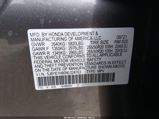 2022 Acura Mdx Advance მანქანა იყიდება აუქციონზე, vin: 5J8YE1H80NL024763, აუქციონის ნომერი: 46051627