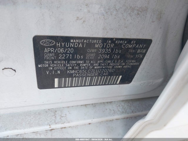 Aukcja sprzedaży 2020 Hyundai Ioniq Hybrid Blue, vin: KMHC65LC7LU220260, numer aukcji: 46051647