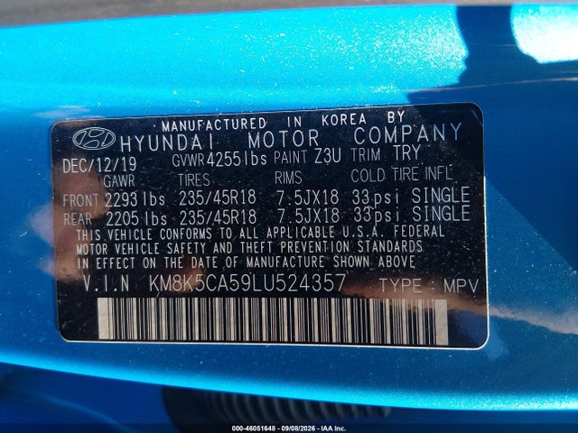 Продаж на аукціоні авто 2020 Hyundai Kona Ultimate, vin: KM8K5CA59LU524357, номер лоту: 46051648