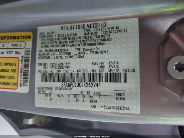Aukcja sprzedaży 2020 Ford Fusion Hybrid Se, vin: 3FA6P0LU0LR262244, numer aukcji: 46051667