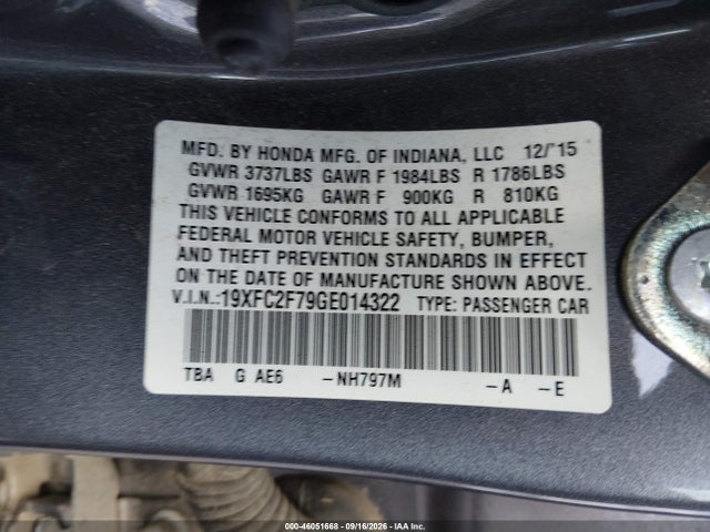 2016 Honda Civic Ex მანქანა იყიდება აუქციონზე, vin: 19XFC2F79GE014322, აუქციონის ნომერი: 46051668