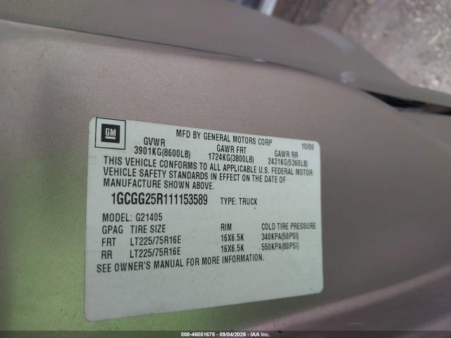 Aukcja sprzedaży 2001 Chevrolet Express, vin: 1GCGG25R111153589, numer aukcji: 46051678