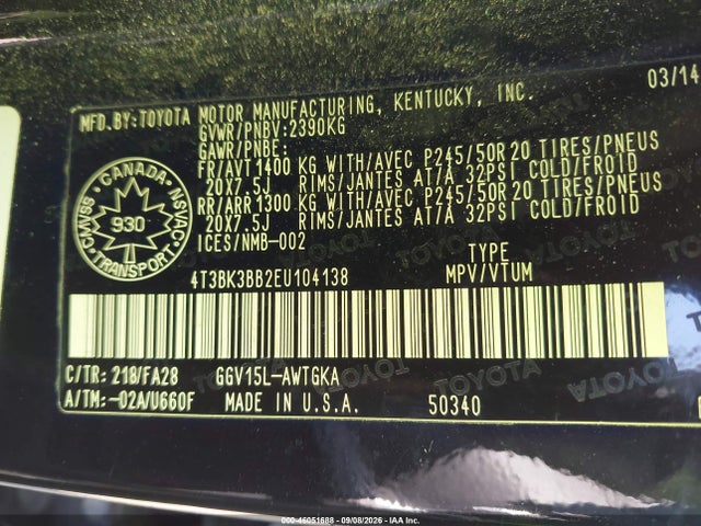 46051688 :رقم المزاد ، 4T3BK3BB2EU104138 vin ، 2014 Toyota Venza Base V6 مزاد بيع