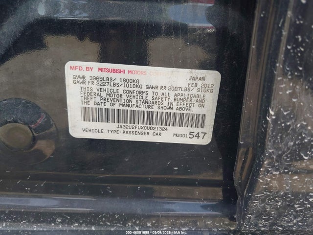 46051698 :رقم المزاد ، JA32U2FUXCU021324 vin ، 2012 Mitsubishi Lancer Es مزاد بيع