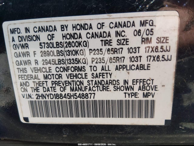 Aukcja sprzedaży 2005 Acura Mdx, vin: 2HNYD18845H548877, numer aukcji: 46051711