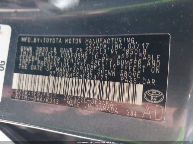 2017 Toyota Corolla Le მანქანა იყიდება აუქციონზე, vin: 2T1BURHE5HC878171, აუქციონის ნომერი: 46051732