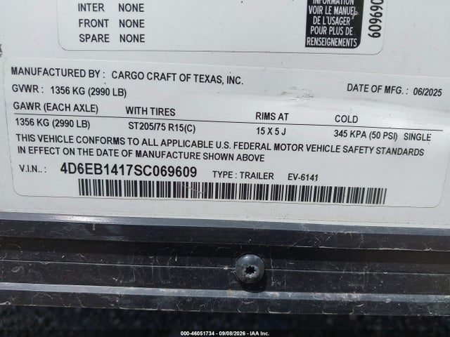Продаж на аукціоні авто 2025 Custom Trailer Inc Other, vin: 4D6EB1417SC069609, номер лоту: 46051734