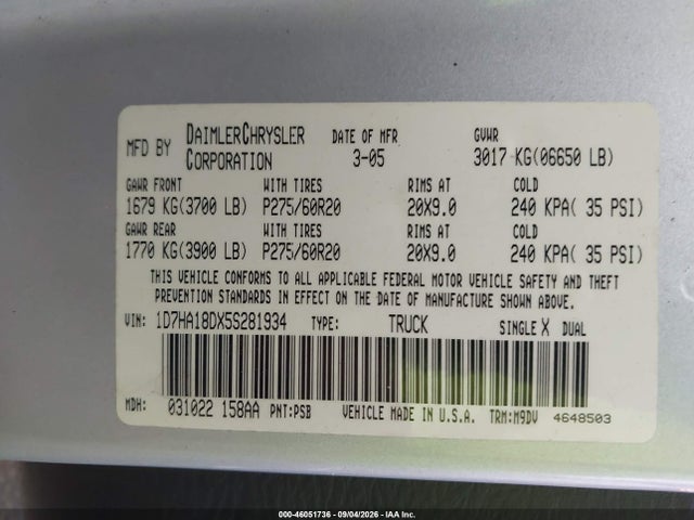 46051736 :رقم المزاد ، 1D7HA18DX5S281934 vin ، 2005 Dodge Ram 1500 Slt/laramie مزاد بيع
