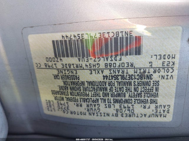 2009 Nissan Versa 1.8sl მანქანა იყიდება აუქციონზე, vin: 3N1BC13E79L354744, აუქციონის ნომერი: 46051737