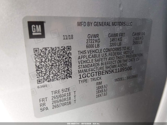 2019 Chevrolet Colorado Wt მანქანა იყიდება აუქციონზე, vin: 1GCGTBEN5K1189506, აუქციონის ნომერი: 46051741