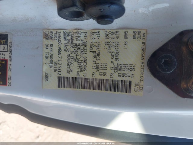 46051743 :رقم المزاد ، 1N6AD0CW6GN712502 vin ، 2016 Nissan Frontier Sv مزاد بيع