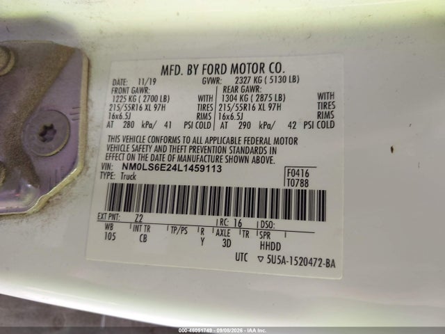 46051749 :رقم المزاد ، NM0LS6E24L1459113 vin ، 2020 Ford Transit Connect Xl مزاد بيع