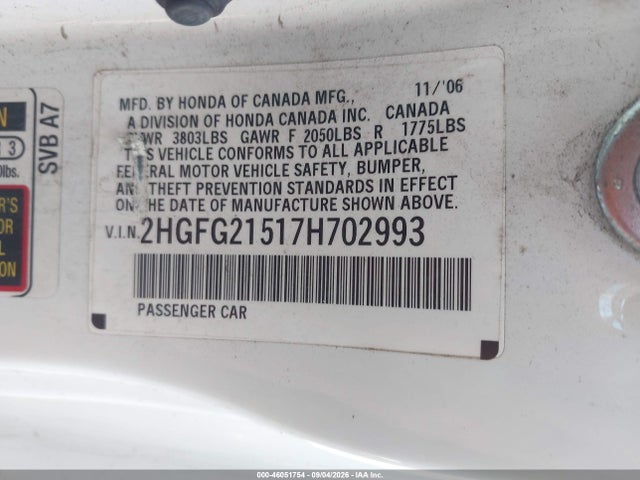 46051754 :رقم المزاد ، 2HGFG21517H702993 vin ، 2007 Honda Civic Si مزاد بيع