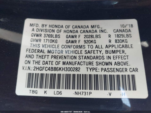 46051757 :رقم المزاد ، 2HGFC4B86KH300282 vin ، 2019 Honda Civic Sport مزاد بيع
