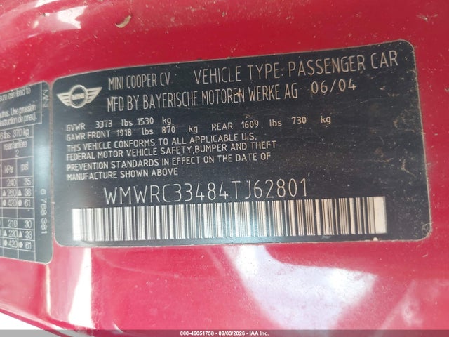 46051758 :رقم المزاد ، WMWRC33484TJ62801 vin ، 2004 Mini Cooper مزاد بيع