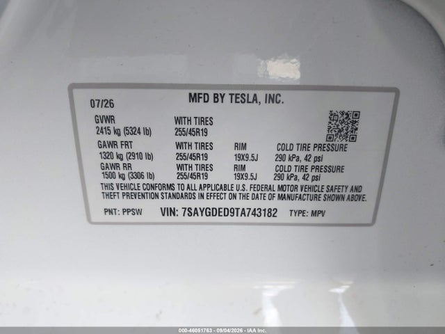 46051763 :رقم المزاد ، 7SAYGDED9TA743182 vin ، 2026 Tesla Model Y Premium Rear-wheel Drive/rear-wheel Drive مزاد بيع