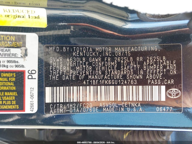 46051769 :رقم المزاد ، 4T1BF1FK6GU124763 vin ، 2016 Toyota Camry Le مزاد بيع