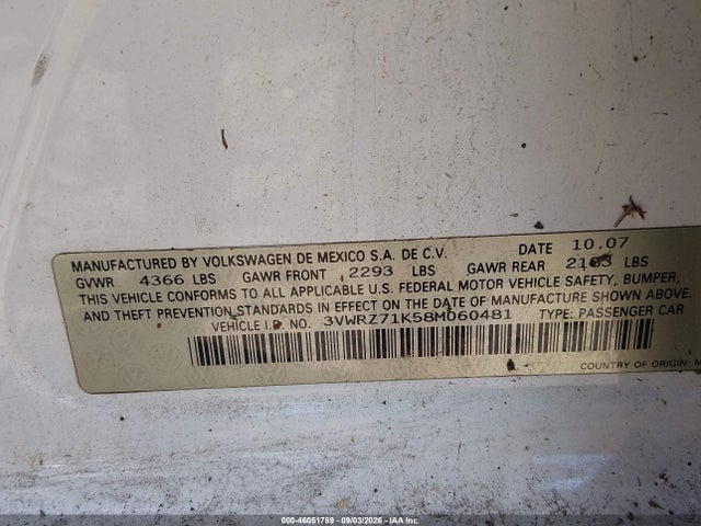 Aukcja sprzedaży 2008 Volkswagen Jetta Se/sel, vin: 3VWRZ71K58M060481, numer aukcji: 46051789