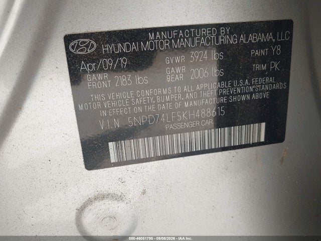 Продажа на аукционе авто 2019 Hyundai Elantra Se, vin: 5NPD74LF5KH488615, номер лота: 46051795