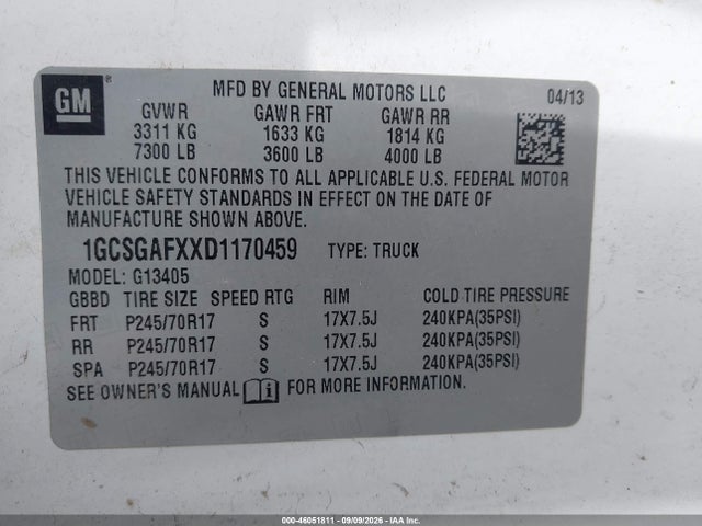 Aukcja sprzedaży 2013 Chevrolet Express 1500 Work Van, vin: 1GCSGAFXXD1170459, numer aukcji: 46051811
