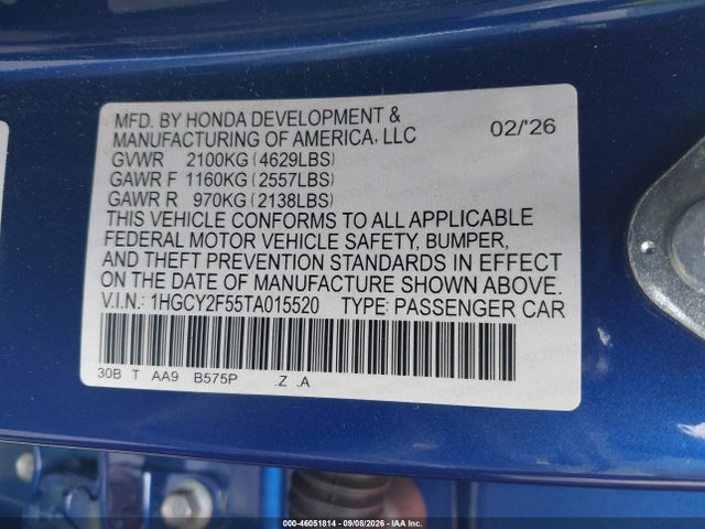46051814 :رقم المزاد ، 1HGCY2F55TA015520 vin ، 2026 Honda Accord Hybrid Sport مزاد بيع