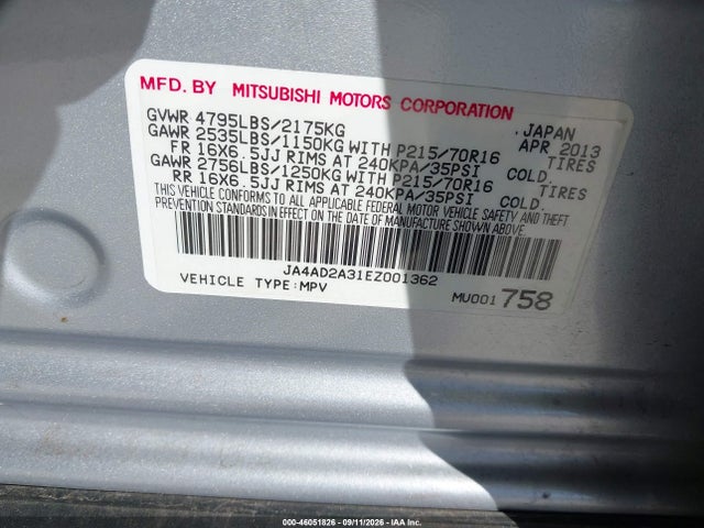 2014 Mitsubishi Outlander Es მანქანა იყიდება აუქციონზე, vin: JA4AD2A31EZ001362, აუქციონის ნომერი: 46051826