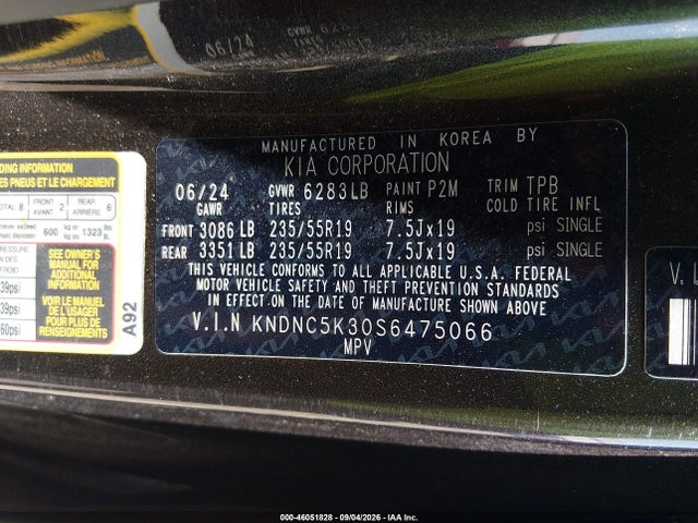 2025 Kia Carnival Mpv Ex მანქანა იყიდება აუქციონზე, vin: KNDNC5K30S6475066, აუქციონის ნომერი: 46051828
