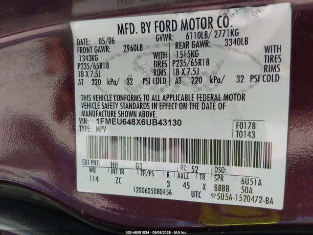 46051834 :رقم المزاد ، 1FMEU648X6UB43130 vin ، 2006 Ford Explorer Eddie Bauer مزاد بيع